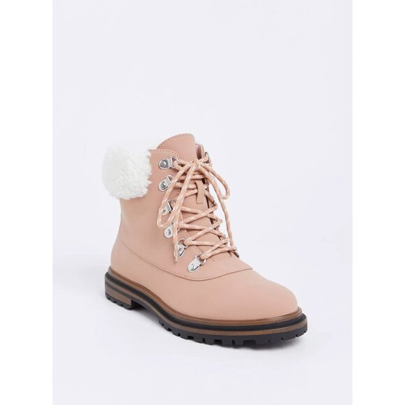 Torrid Shearling Hiker Ankle Bootie Size 7.5 Lace Up Almond Toe Shoes Blush Pink - Picture 12 of 12